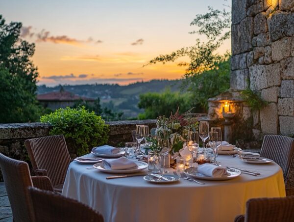 Boutique Hotel or Galician Manor with Outdoor Terrace Dinner Setup.