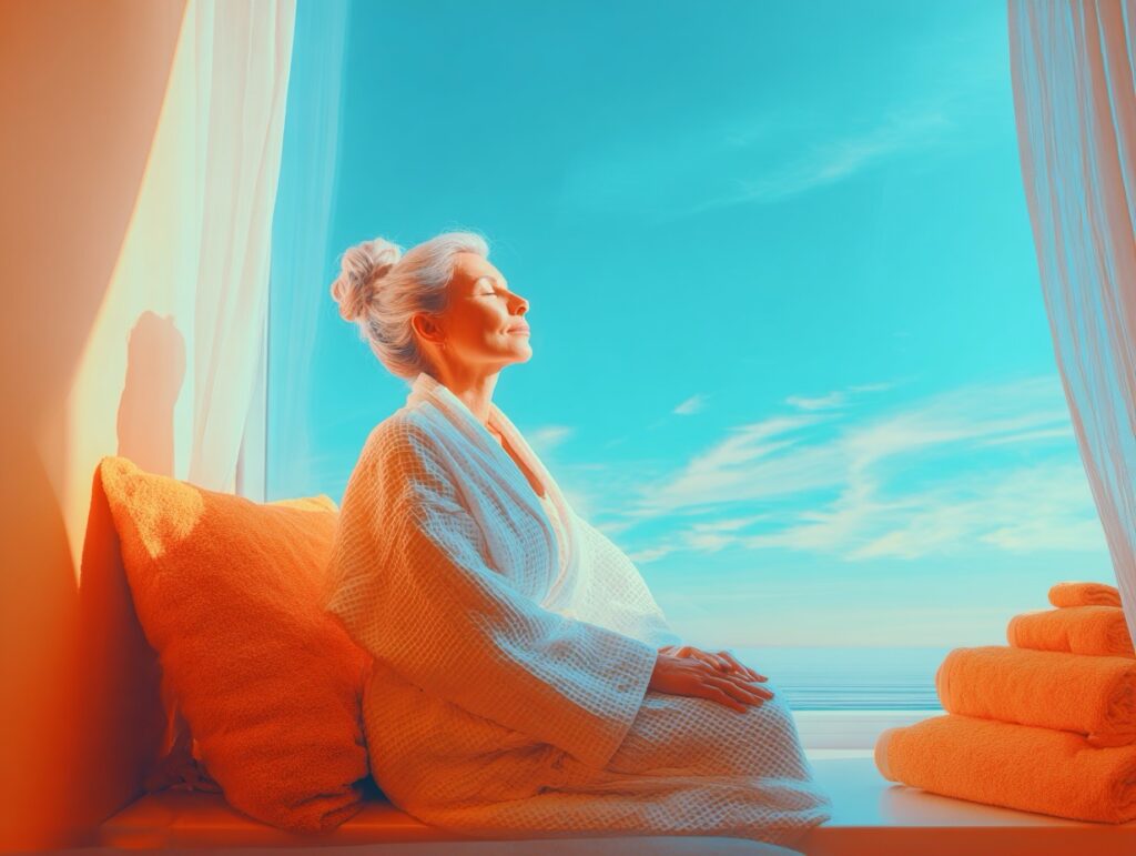 A serene, mature woman in a white spa robe meditating by a sunlit window with a clear blue sky, surrounded by soft orange towels and pillows, embodying peaceful luxury.