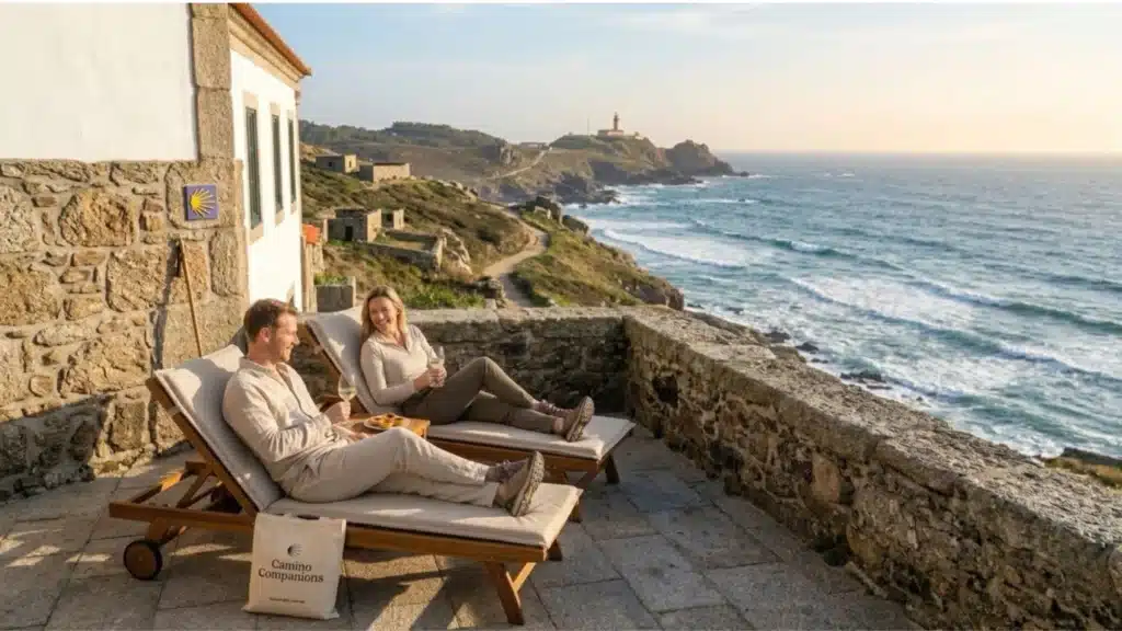 01 Times Article Hero A man and woman enjoying a luxury Portuguese Way experience with wine and coastal views in Galicia.
