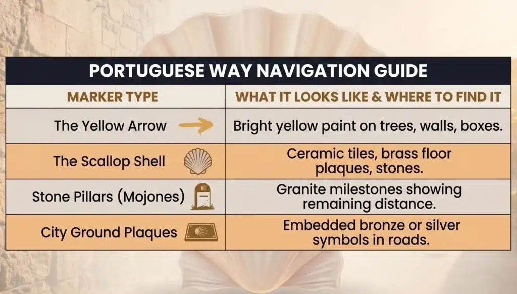 Infographic table showing four Portuguese Way navigation marker types with icons and where to find them: yellow arrows on trees/walls; scallop shells on tiles/plaques; stone pillars (mojones) as milestones; and embedded ground plaques in city roads.